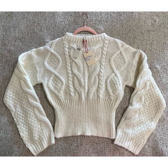 Anthropologie RAGA Kelyn Cropped Cable-Knit Sweater Pullover Ivory NWT SZ L - Picture 4 of 16